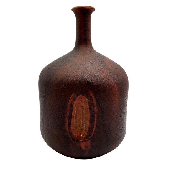 Modernist Ceramic Bottle Neck Vase Scandinavian Brown Signed Pottery Denise 1977 - Picture 1 of 13